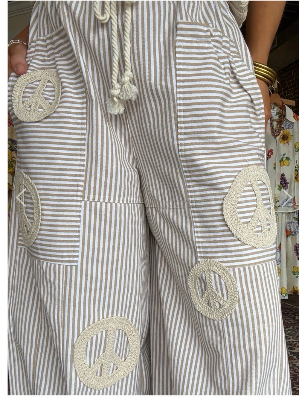 DAVI & DANI Taupe and White Striped Wide-Leg Peace Patch Pants - Picture 3 of 10